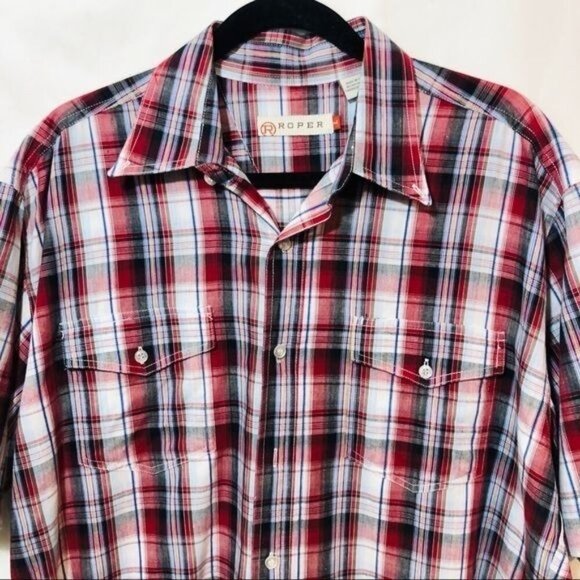 Roper Men's Button Down Shirt Plaid Western Red Blue Size Large - Picture 2 of 8